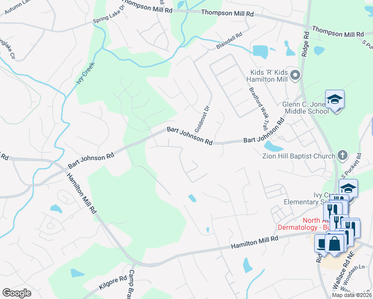 map of restaurants, bars, coffee shops, grocery stores, and more near 3751 Bogan Mill Road Northeast in Buford