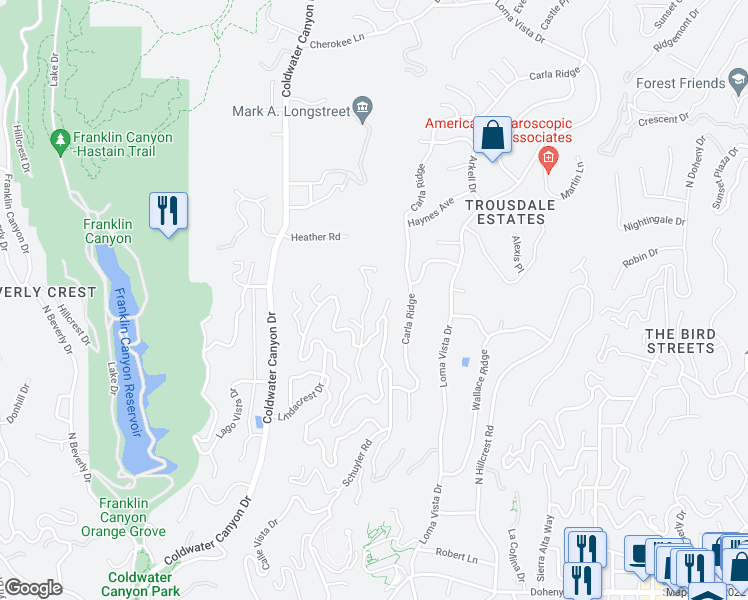 map of restaurants, bars, coffee shops, grocery stores, and more near 1634 Gilcrest Drive in Beverly Hills