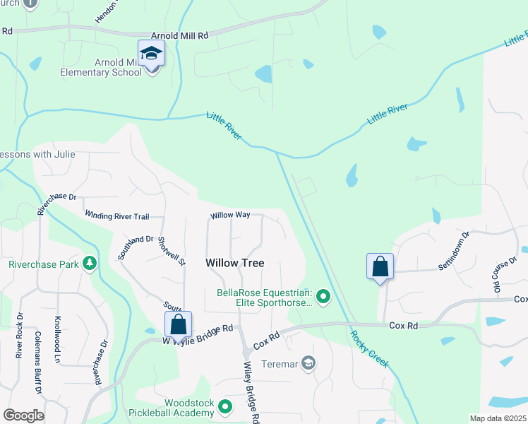 map of restaurants, bars, coffee shops, grocery stores, and more near 1667 Willow Way in Woodstock