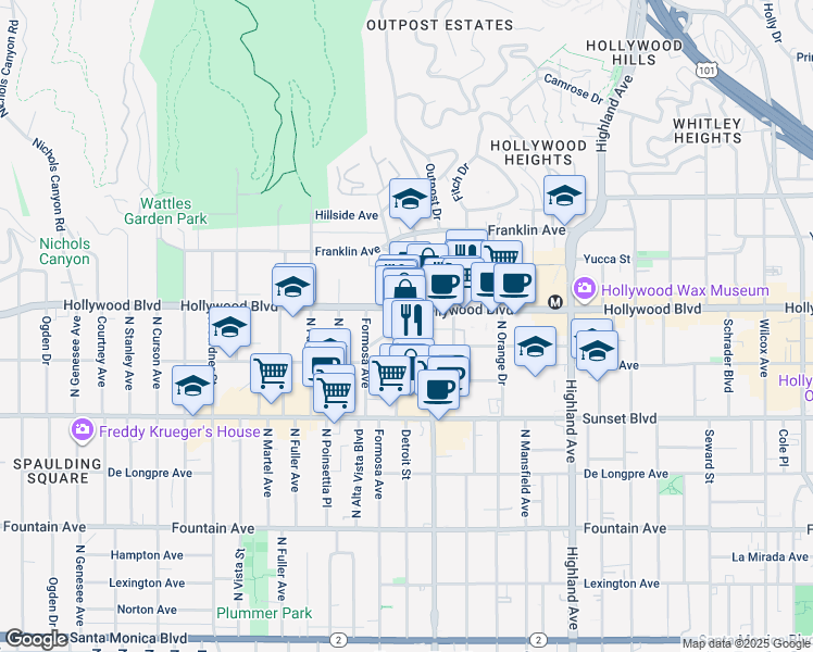 map of restaurants, bars, coffee shops, grocery stores, and more near 1647 North La Brea Avenue in Los Angeles