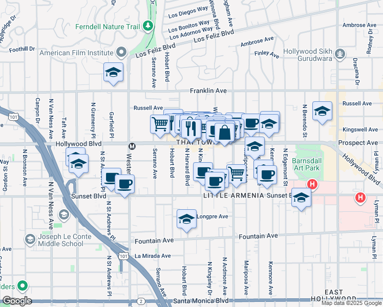 map of restaurants, bars, coffee shops, grocery stores, and more near 1640 North Harvard Boulevard in Los Angeles