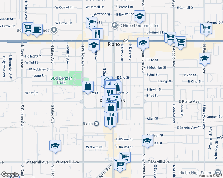 map of restaurants, bars, coffee shops, grocery stores, and more near 112N Riverside Avenue in Rialto