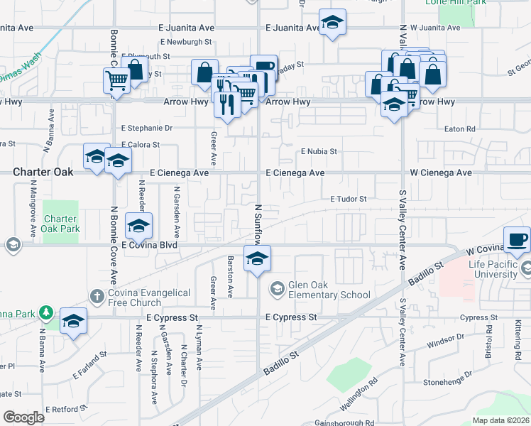 map of restaurants, bars, coffee shops, grocery stores, and more near 1176 North Sunflower Avenue in Covina