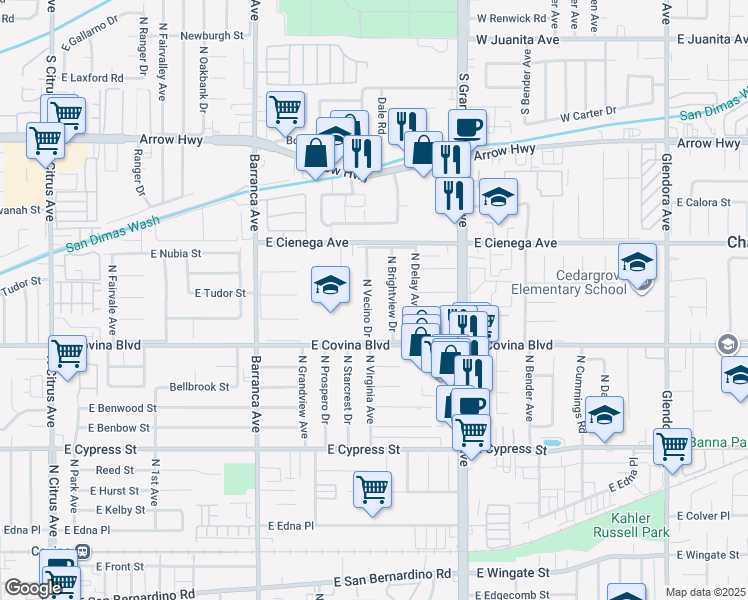 map of restaurants, bars, coffee shops, grocery stores, and more near 4852 North Vecino Drive in Covina