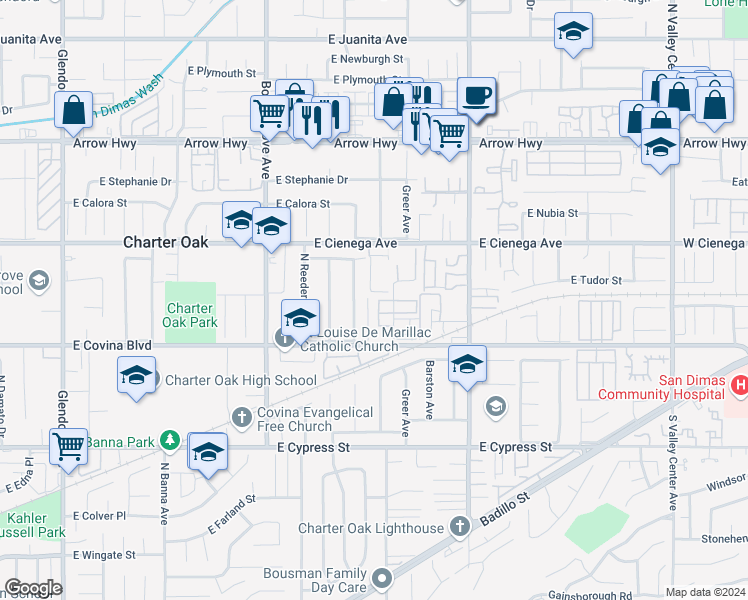 map of restaurants, bars, coffee shops, grocery stores, and more near 1172 North Charter Drive in Covina