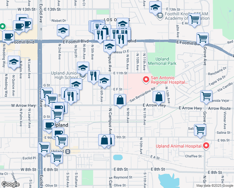map of restaurants, bars, coffee shops, grocery stores, and more near 569 North 8th Avenue in Upland