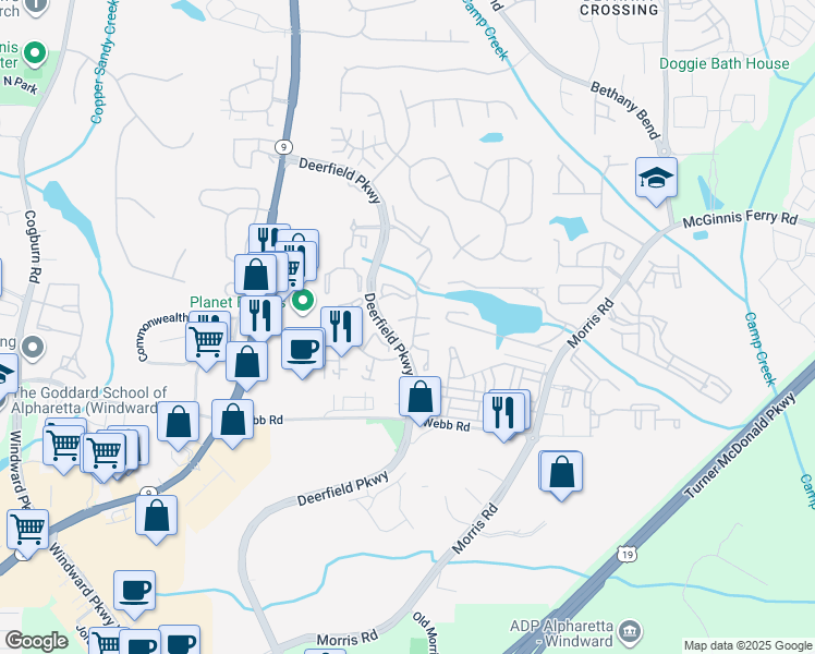 map of restaurants, bars, coffee shops, grocery stores, and more near 1311 Park Center Circle in Austell