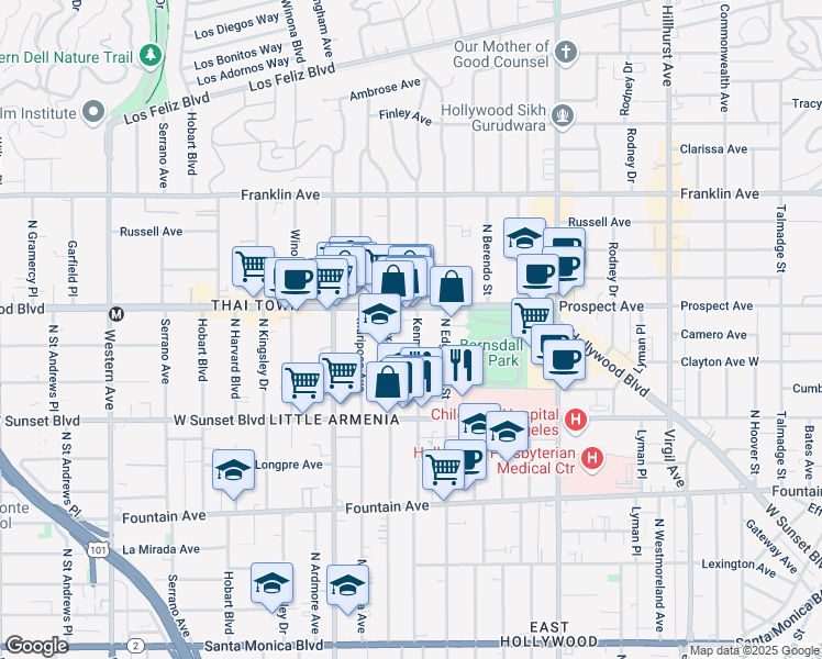 map of restaurants, bars, coffee shops, grocery stores, and more near 1643 1/2 North Kenmore Avenue in Los Angeles