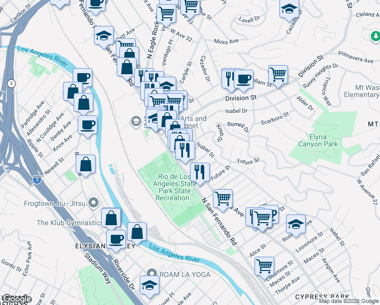 map of restaurants, bars, coffee shops, grocery stores, and more near 1901 Cypress Avenue in Los Angeles