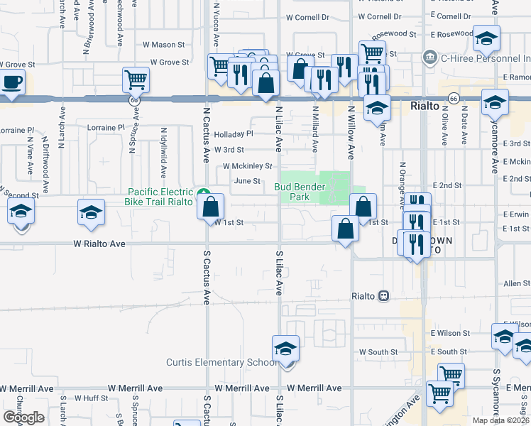 map of restaurants, bars, coffee shops, grocery stores, and more near 502 West 1st Street in Rialto