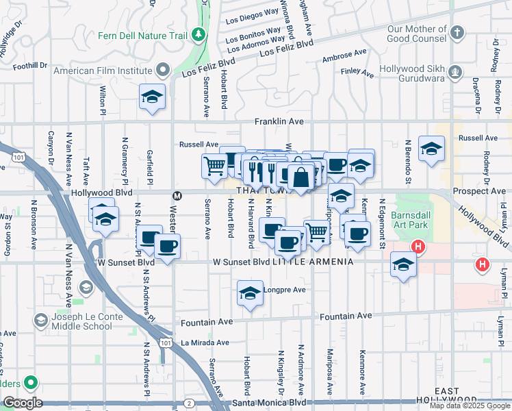 map of restaurants, bars, coffee shops, grocery stores, and more near 1641 North Kingsley Drive in Los Angeles