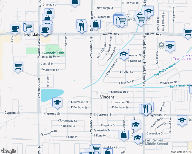 map of restaurants, bars, coffee shops, grocery stores, and more near 4850 North Vincent Avenue in Covina