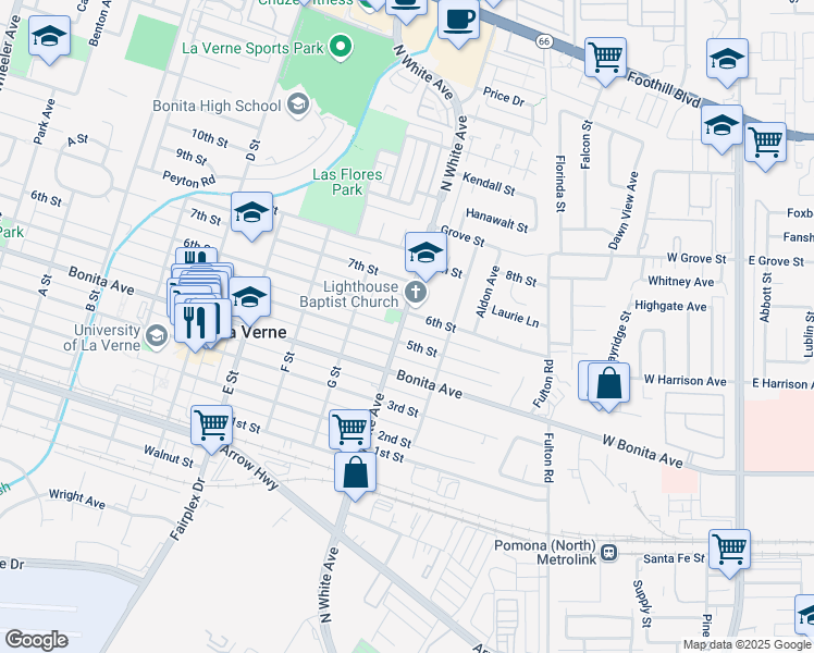 map of restaurants, bars, coffee shops, grocery stores, and more near 2532 North White Avenue in La Verne
