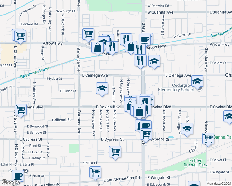 map of restaurants, bars, coffee shops, grocery stores, and more near 4852 North Vecino Drive in Covina