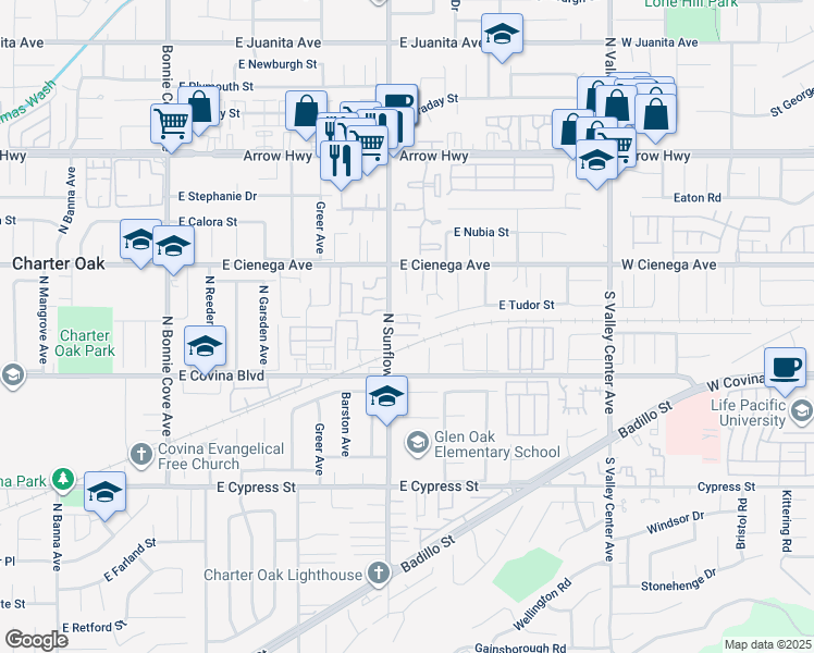 map of restaurants, bars, coffee shops, grocery stores, and more near 1182 North Sunflower Avenue in Covina