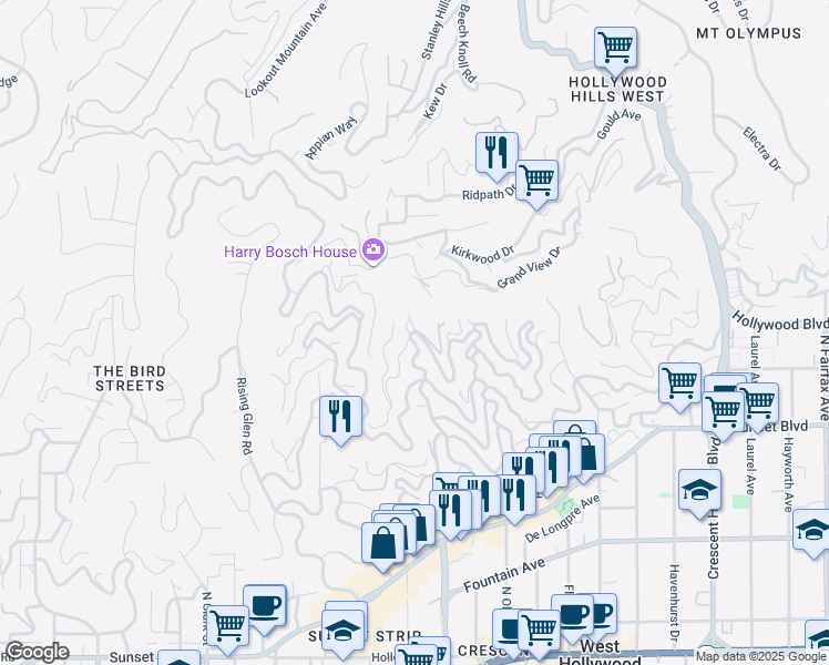 map of restaurants, bars, coffee shops, grocery stores, and more near Franklin Avenue & Queens Road in Los Angeles