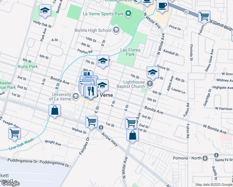 map of restaurants, bars, coffee shops, grocery stores, and more near 2640 F Street in La Verne