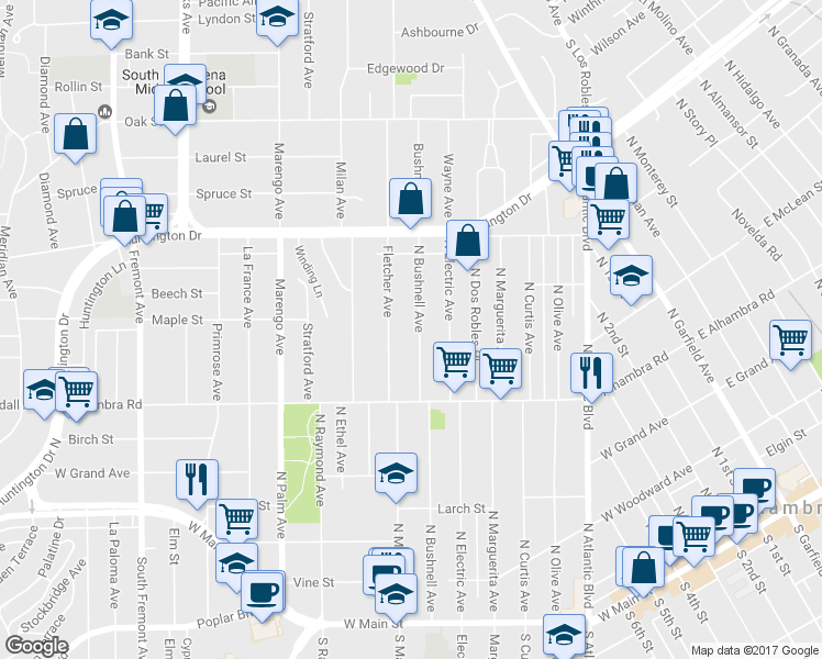 map of restaurants, bars, coffee shops, grocery stores, and more near 803 North Bushnell Avenue in Alhambra