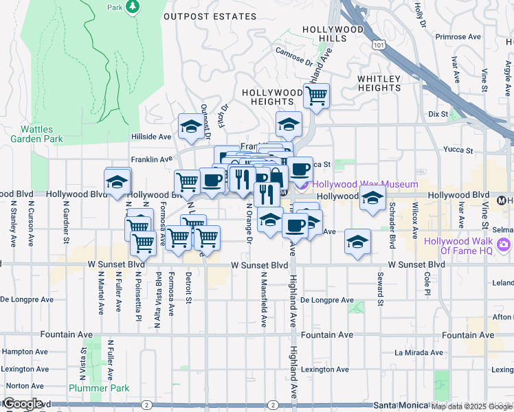 map of restaurants, bars, coffee shops, grocery stores, and more near 6922 Hollywood Boulevard in Los Angeles