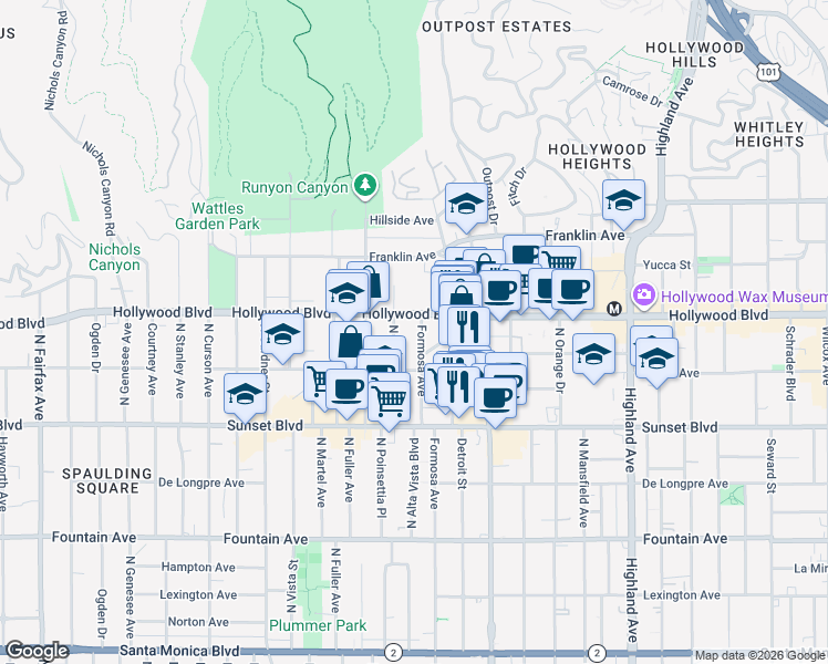 map of restaurants, bars, coffee shops, grocery stores, and more near 1643 North Formosa Avenue in Los Angeles