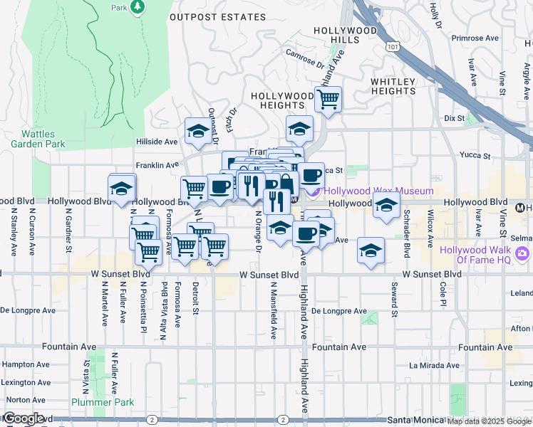 map of restaurants, bars, coffee shops, grocery stores, and more near 6922 Hollywood Boulevard in Los Angeles
