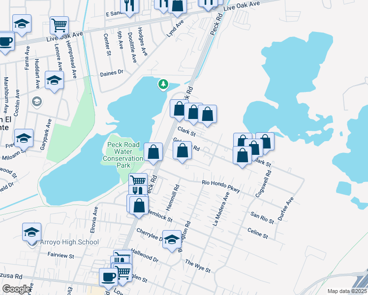 map of restaurants, bars, coffee shops, grocery stores, and more near 11636 Goldring Road in Arcadia