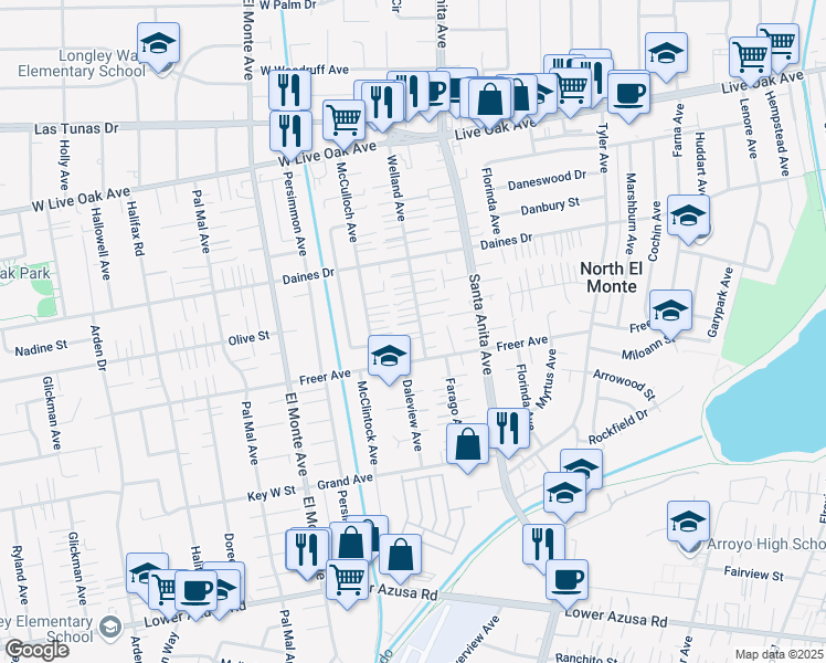 map of restaurants, bars, coffee shops, grocery stores, and more near 5333 Welland Avenue in Temple City