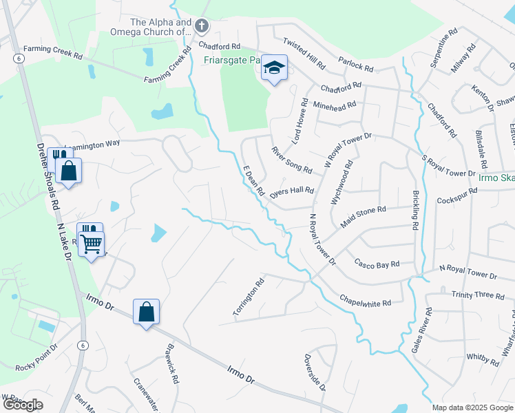 map of restaurants, bars, coffee shops, grocery stores, and more near 24 Dyers Hall Court in Irmo