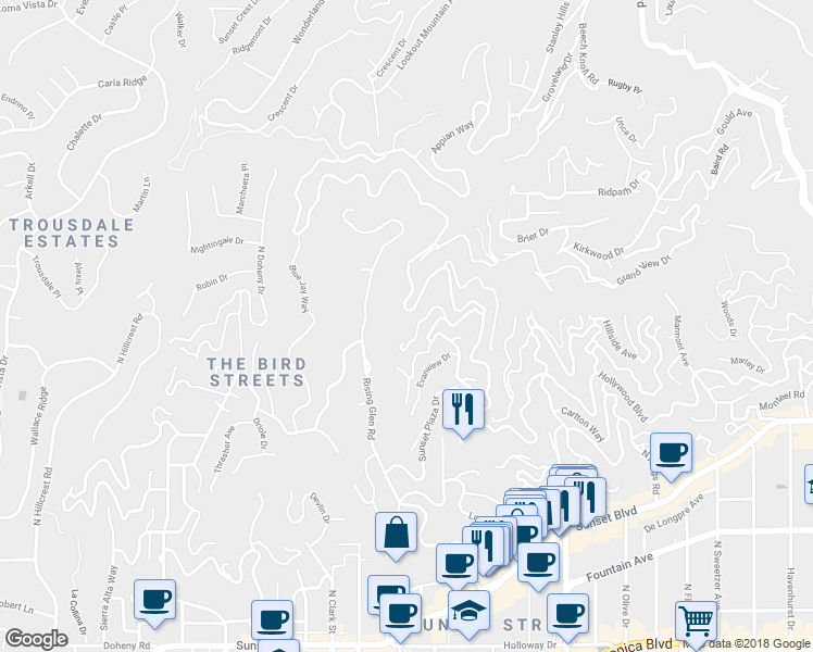 map of restaurants, bars, coffee shops, grocery stores, and more near 1851 Sunset Plaza Drive in Los Angeles