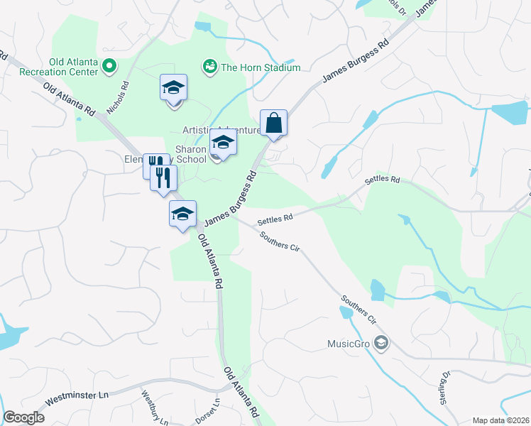 map of restaurants, bars, coffee shops, grocery stores, and more near 1310 Settles Road in Suwanee