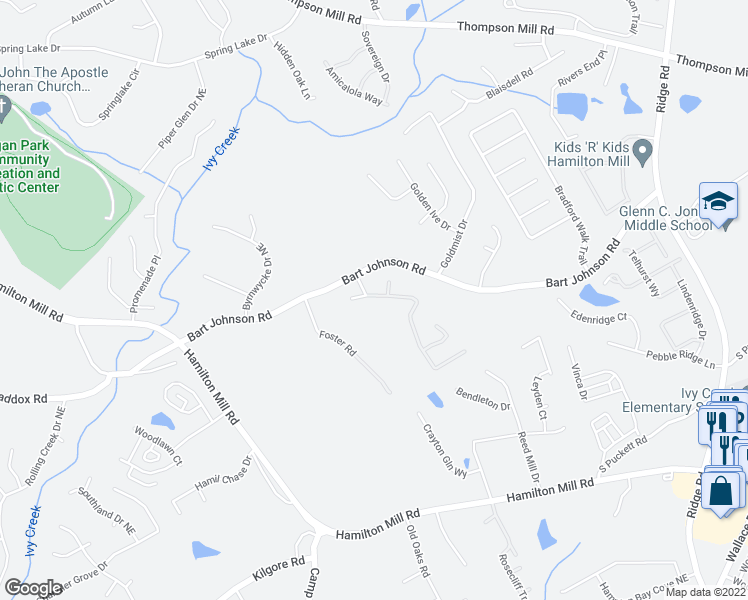 map of restaurants, bars, coffee shops, grocery stores, and more near 3860 Bogan Mill Road Northeast in Buford