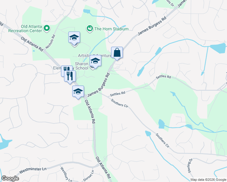 map of restaurants, bars, coffee shops, grocery stores, and more near 1310 Settles Road in Suwanee