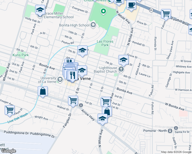 map of restaurants, bars, coffee shops, grocery stores, and more near 2318 5th Street in La Verne