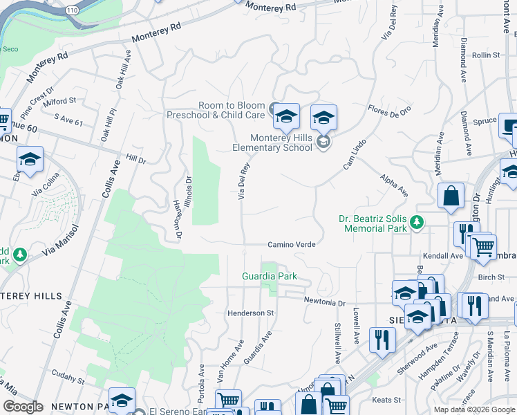 map of restaurants, bars, coffee shops, grocery stores, and more near 422 La Terraza Street in South Pasadena