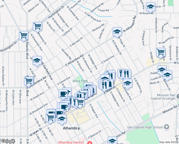 map of restaurants, bars, coffee shops, grocery stores, and more near 317 North Almansor Street in Alhambra
