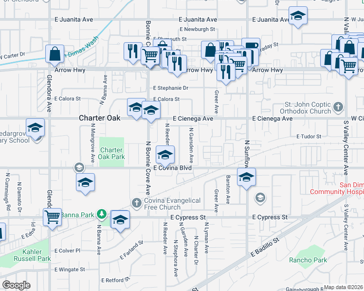 map of restaurants, bars, coffee shops, grocery stores, and more near 1172 North Stephora Avenue in Covina