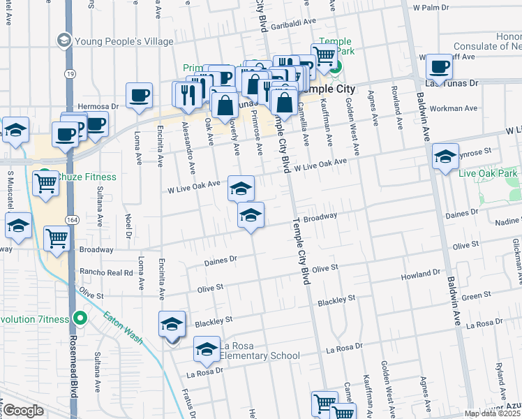 map of restaurants, bars, coffee shops, grocery stores, and more near 9516 Bogue Street in Temple City