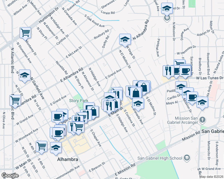 map of restaurants, bars, coffee shops, grocery stores, and more near 200 North Cordova Street in Alhambra