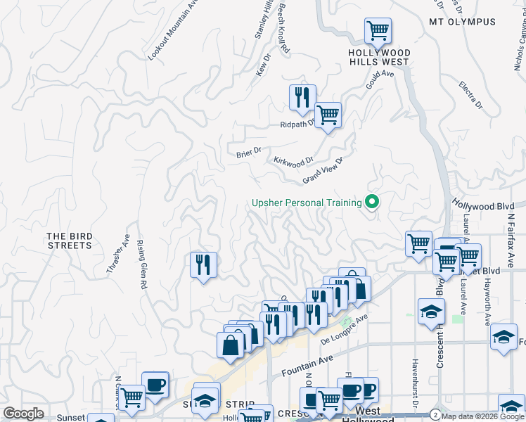 map of restaurants, bars, coffee shops, grocery stores, and more near 8575 Franklin Avenue in Los Angeles