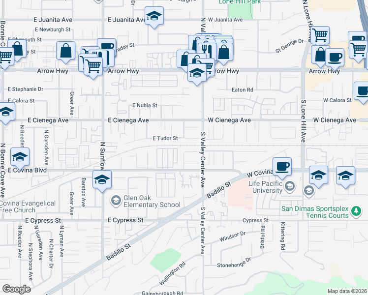 map of restaurants, bars, coffee shops, grocery stores, and more near 21301 East Greenhaven Street in Covina