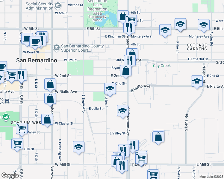 map of restaurants, bars, coffee shops, grocery stores, and more near 224 East Rialto Avenue in San Bernardino