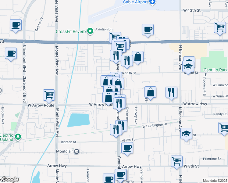 map of restaurants, bars, coffee shops, grocery stores, and more near 571 North Central Avenue in Upland