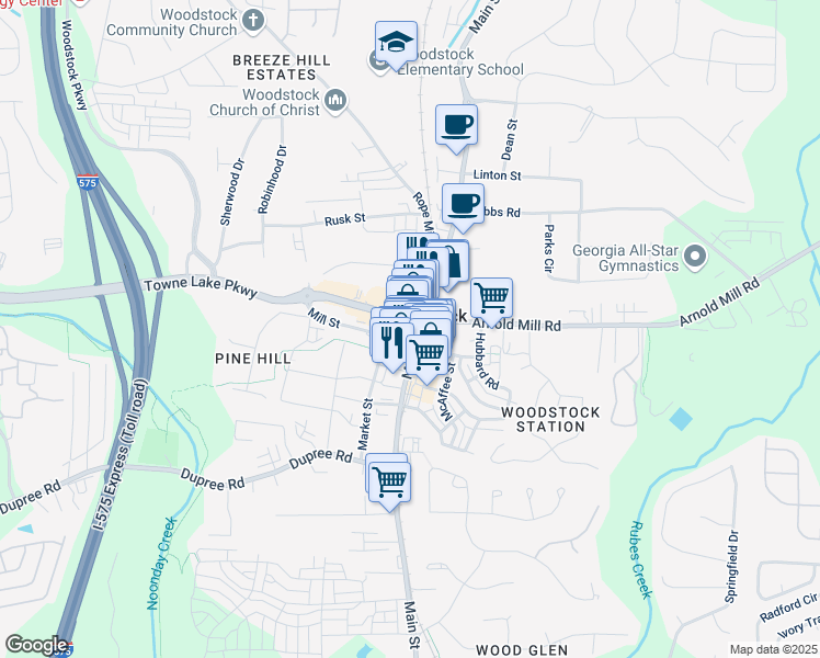 map of restaurants, bars, coffee shops, grocery stores, and more near 8590 Main Street in Woodstock