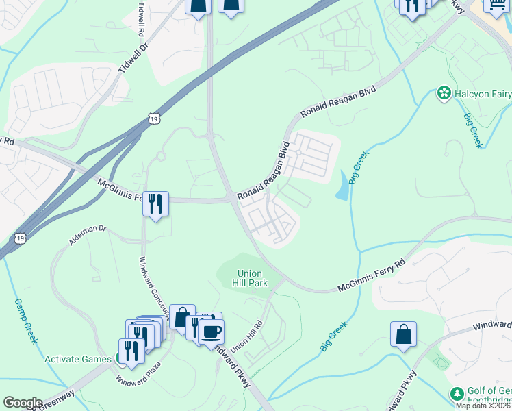 map of restaurants, bars, coffee shops, grocery stores, and more near 6772 Jamestown Drive in Alpharetta