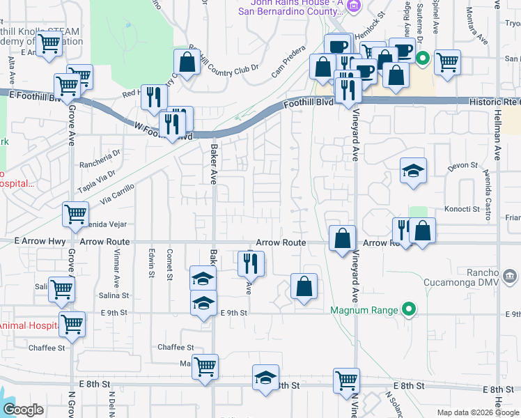 map of restaurants, bars, coffee shops, grocery stores, and more near 8616 Cava Drive in Rancho Cucamonga