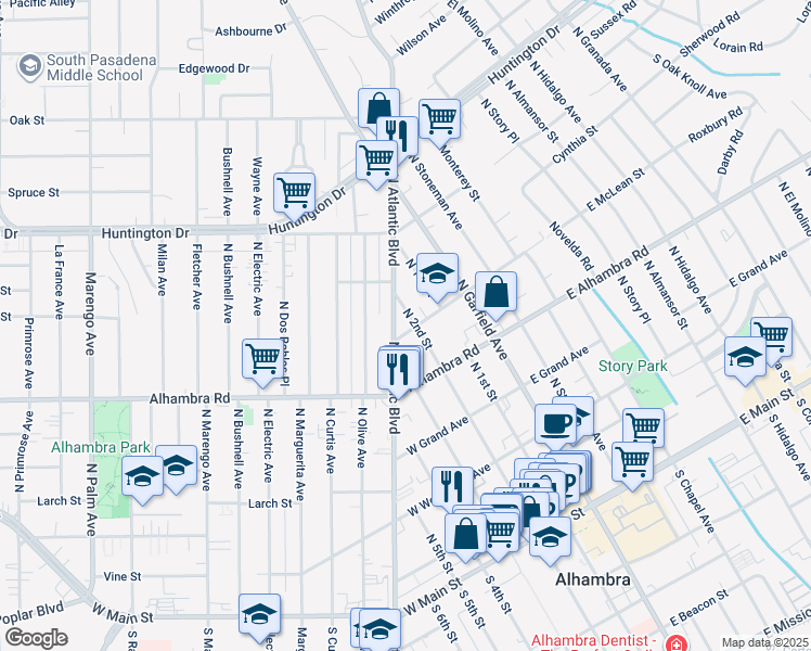 map of restaurants, bars, coffee shops, grocery stores, and more near 801 North 2nd Street in Alhambra