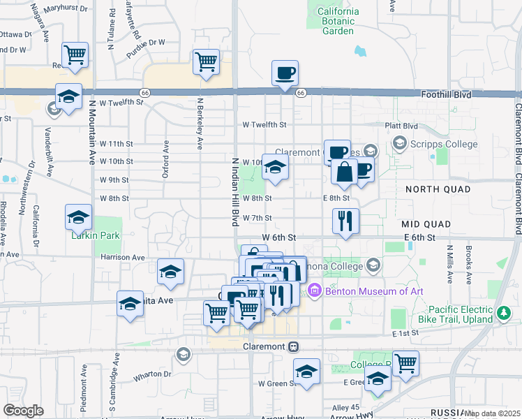 map of restaurants, bars, coffee shops, grocery stores, and more near 719 North Yale Avenue in Claremont