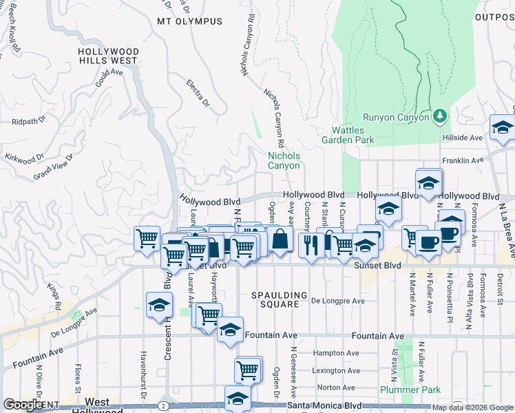 map of restaurants, bars, coffee shops, grocery stores, and more near 1640 North Orange Grove Avenue in Los Angeles