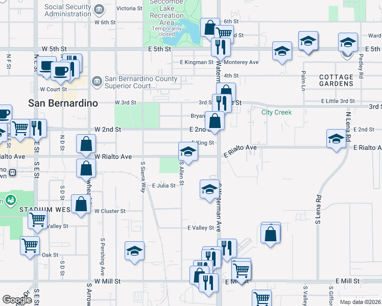 map of restaurants, bars, coffee shops, grocery stores, and more near 224 East Rialto Avenue in San Bernardino