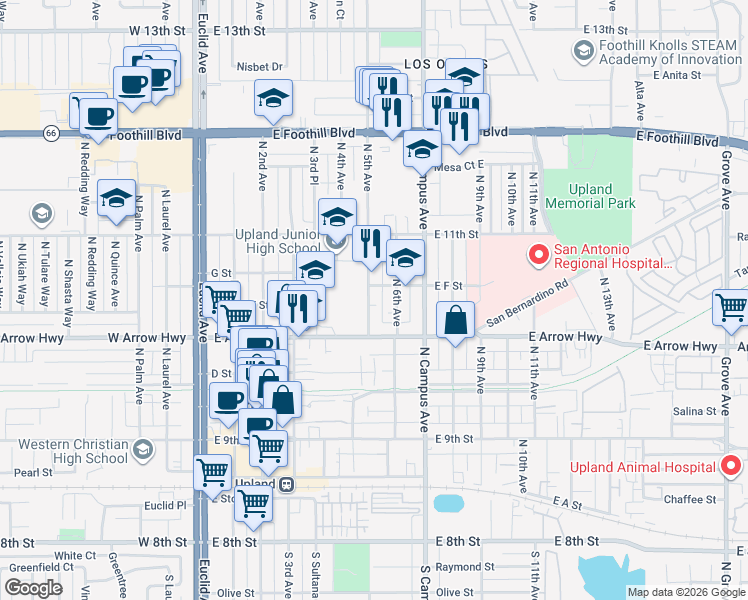 map of restaurants, bars, coffee shops, grocery stores, and more near 572 North 5th Avenue in Upland